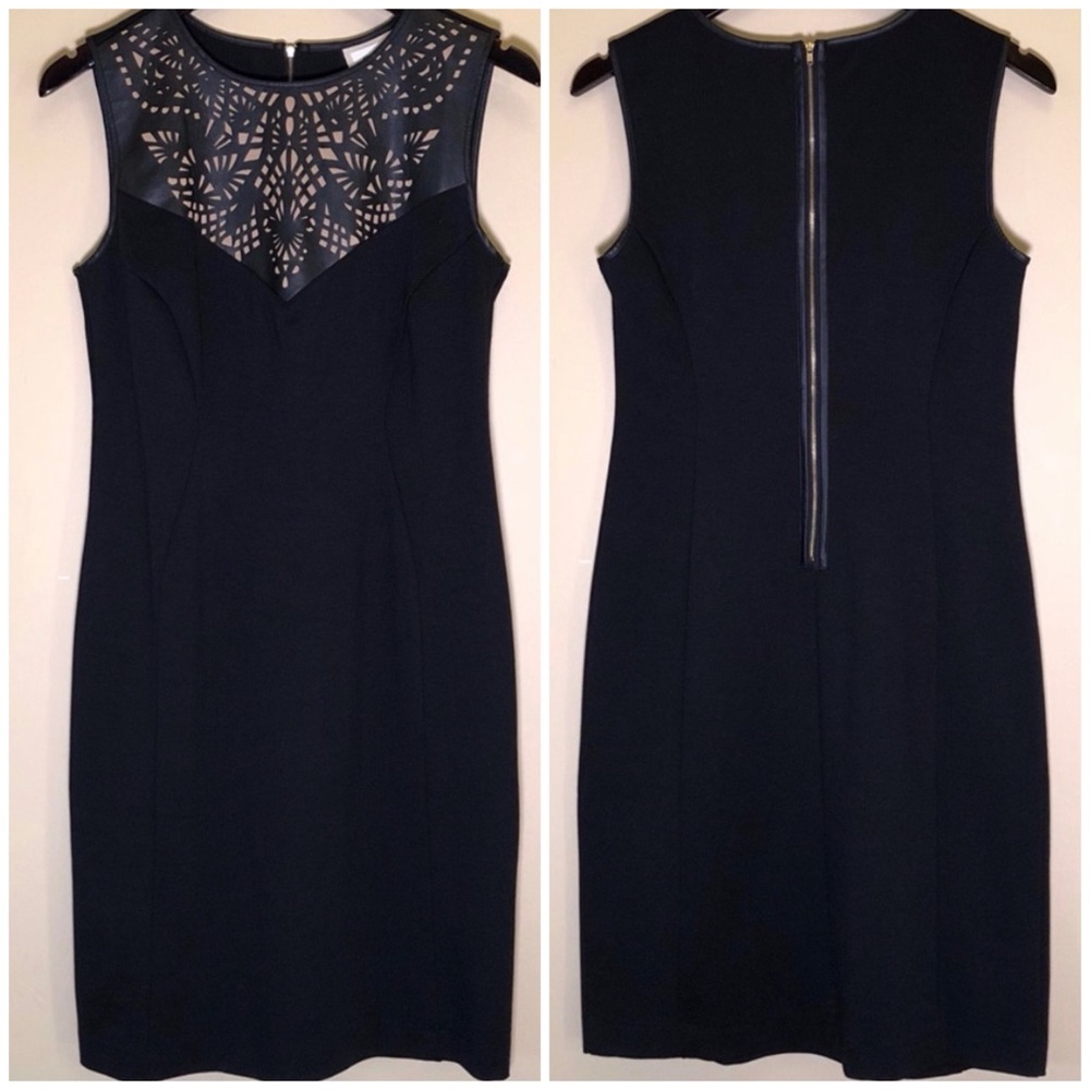 Eci Women’s black dress faux leather laser cut neck Sheath dress Biker Size 6